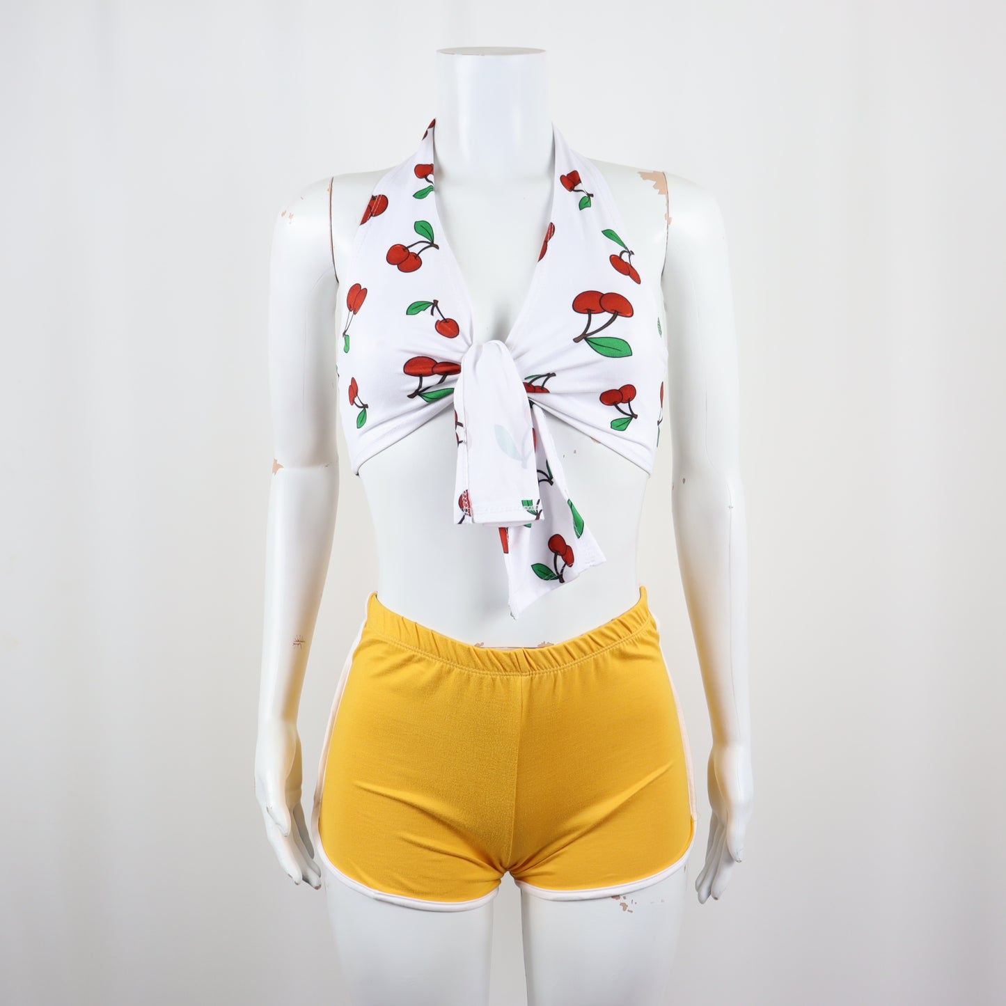 Bundle - Front tie Cherry top & Yellow Shorts