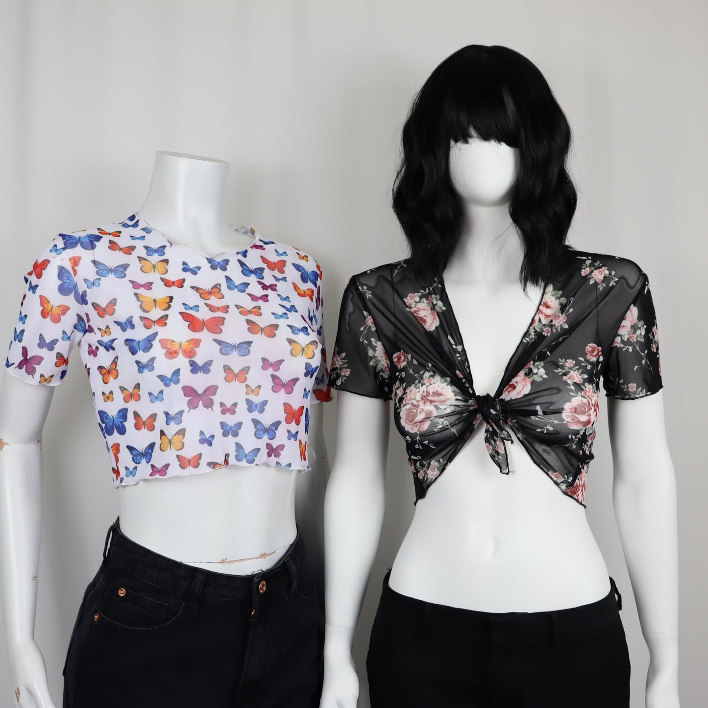 2 TOPS - BUTTERFLIES & PINK ROSES.