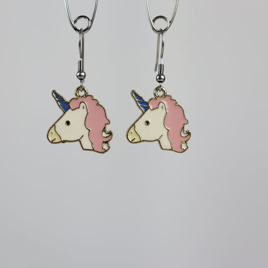Unicorn face earrings - Pink hair - blue horn