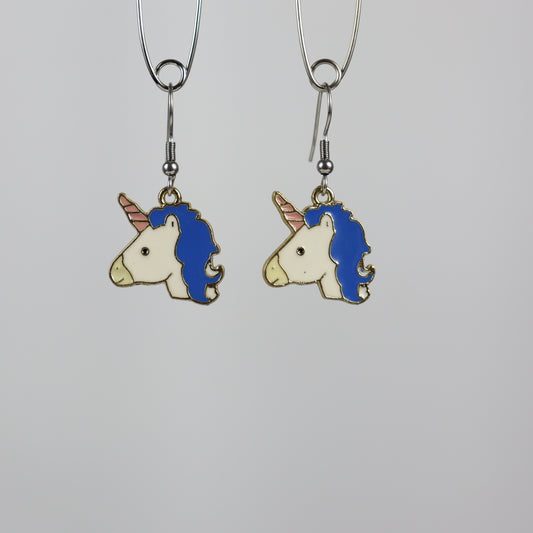 Unicorn face earrings - Blue hair -pink horn
