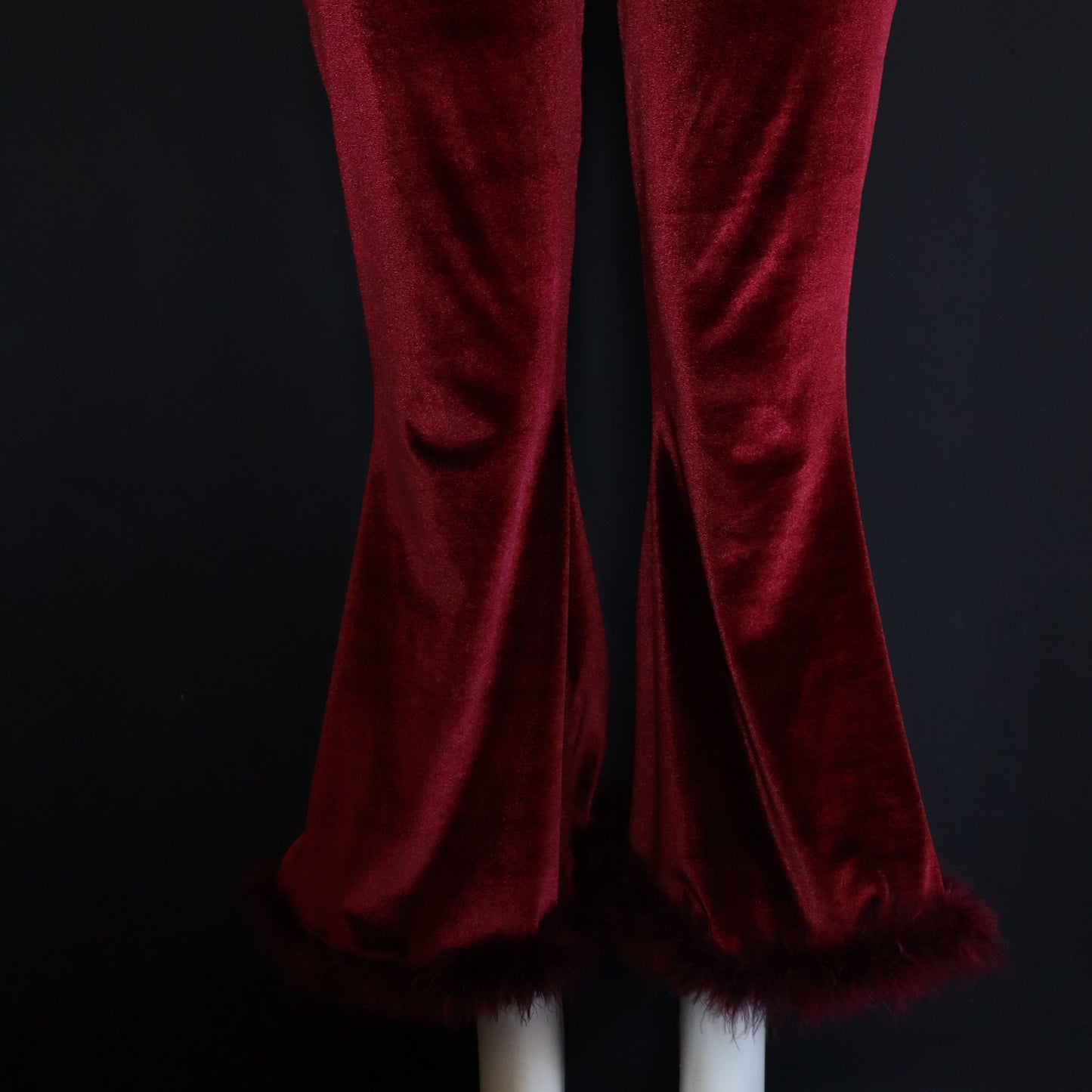 WINE VELVET BELL BOTTOMS WITH FEATHER HEM