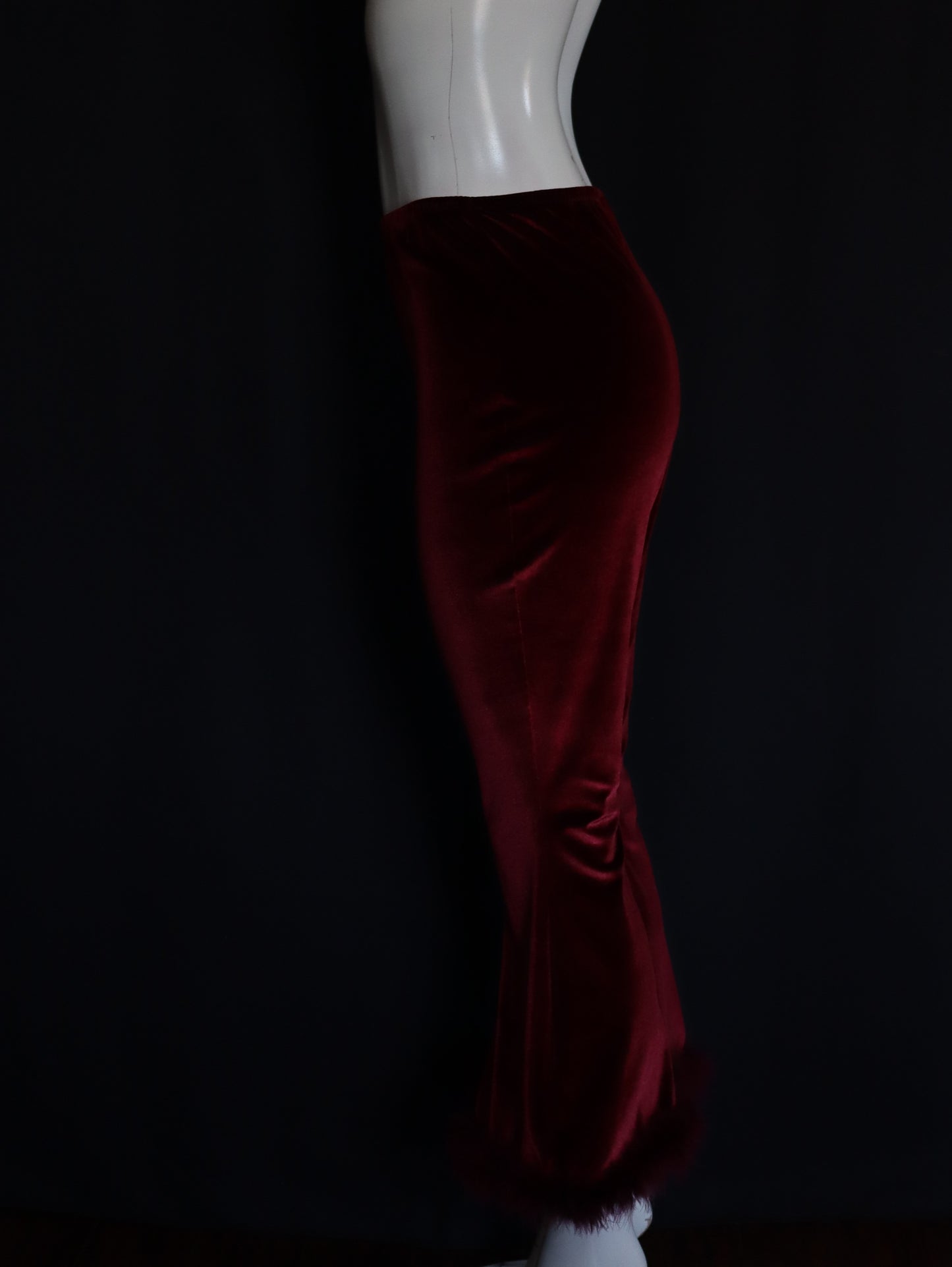 WINE VELVET BELL BOTTOMS WITH FEATHER HEM