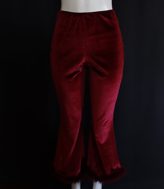 WINE VELVET BELL BOTTOMS WITH FEATHER HEM