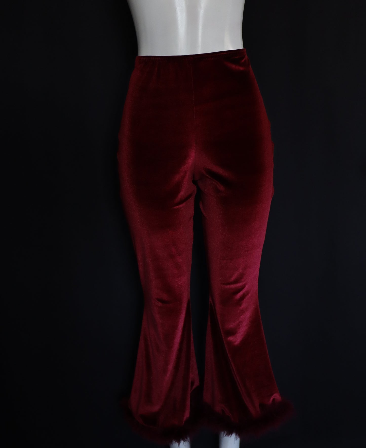 WINE VELVET BELL BOTTOMS WITH FEATHER HEM